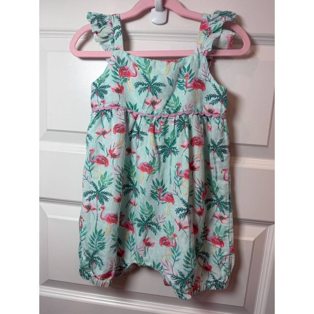Monsoon Kids Mint Green Flamingo Tropical Linen Cotton Bubble Romper 2-3 Years